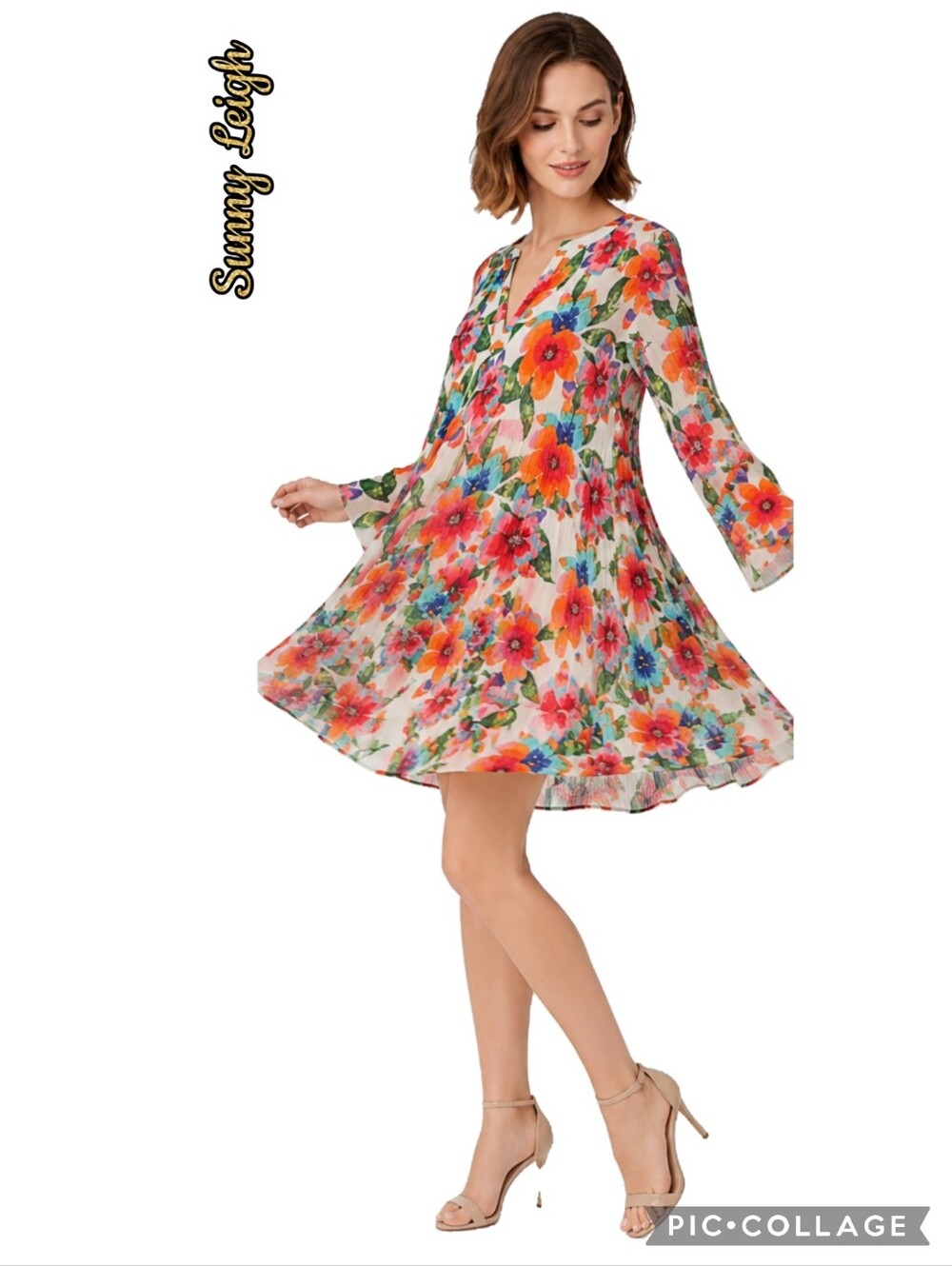 Sunny Leigh floral, full pleated flair, low-v, heavy fabric, fully lined dress